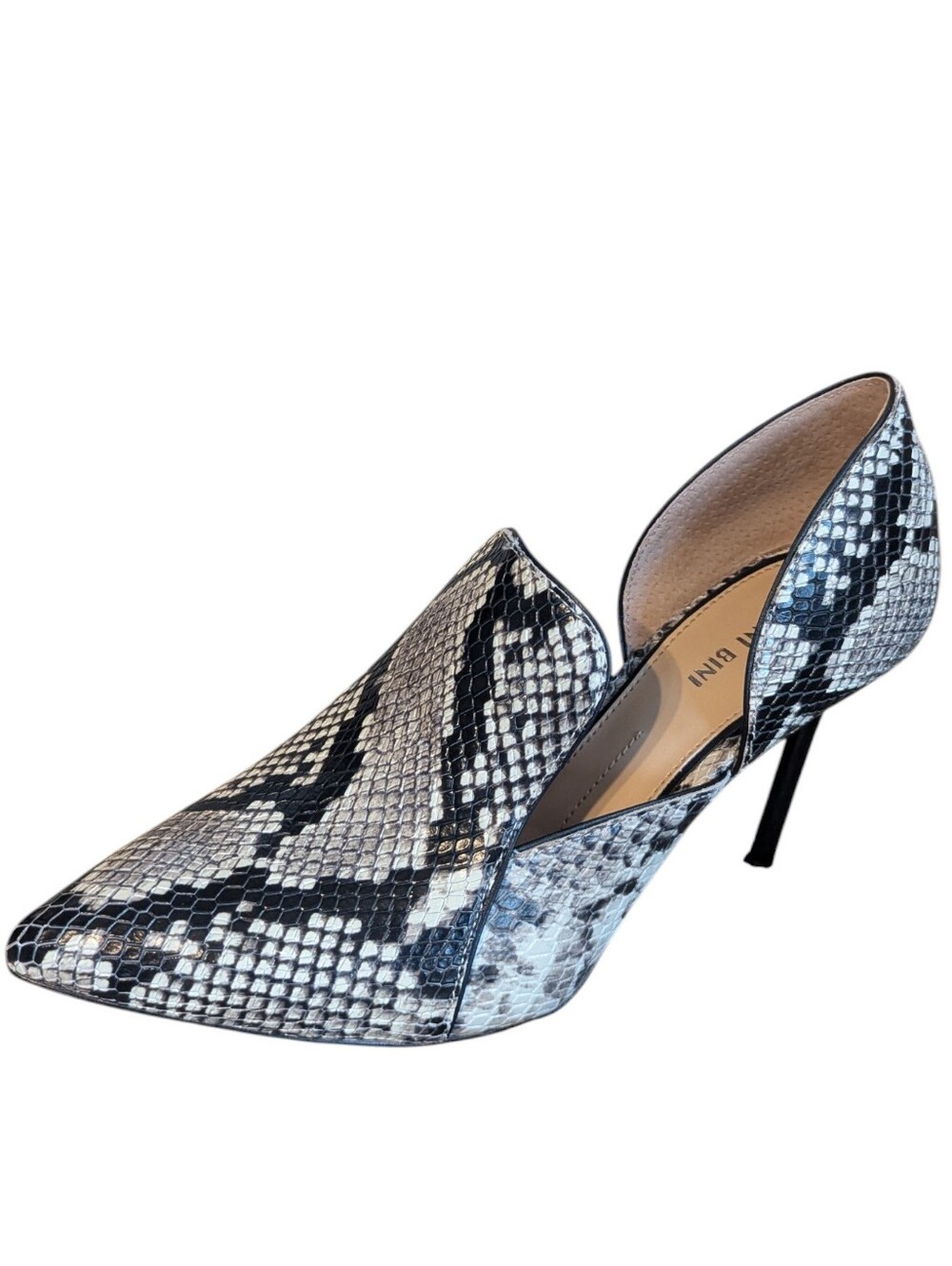 Womens Python Snakeskin Heeled Mule High Heel NIB Dress Shoe Black White Sz 9.5